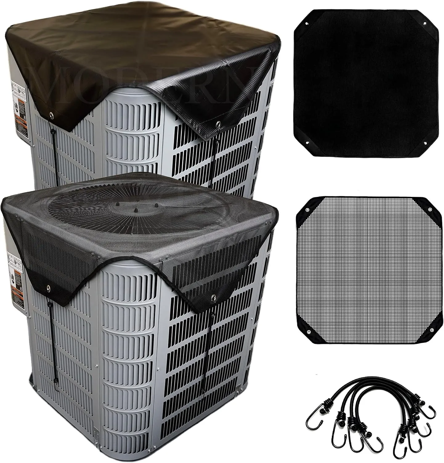MODERN WAVE - 2 (Two) Central Air Conditioner Covers for Outside Units 36 x 36 inch - 1 (One) Top Universal Mesh Cover and 1 (One) Winter Waterproof Outdoor AC Defender Cover (Black, 36" x 36")
