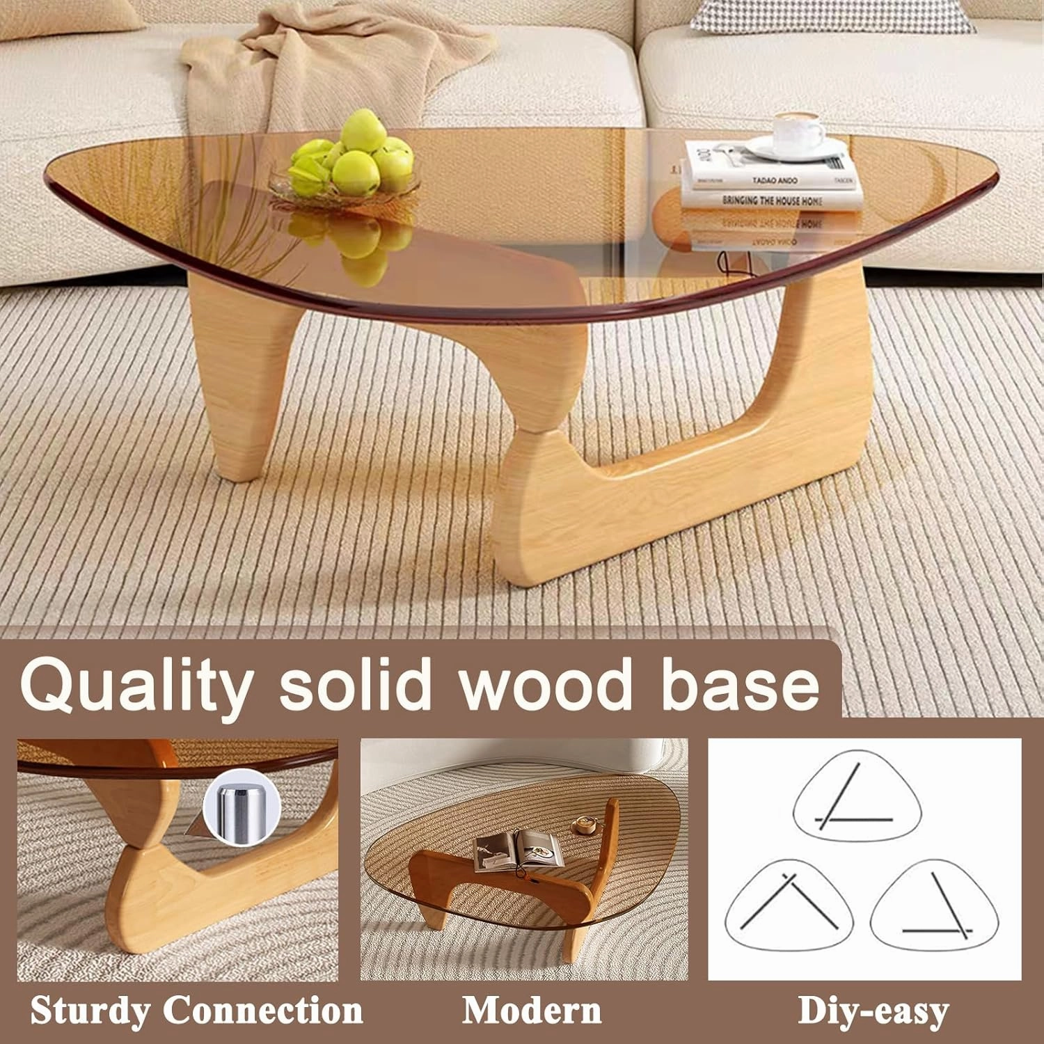 Modern Glass Coffee Table for Living Room, Small mid Century Coffee Table, Stylish Coffee Tables, Suitable for Bedroom Living Room Reception Office Tables（Wood/Brown，Small）