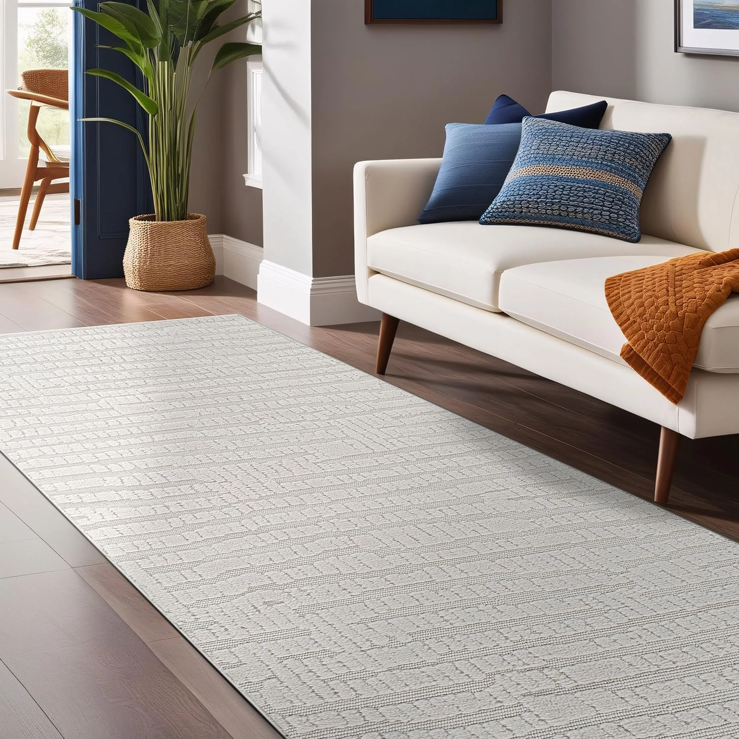 Modern Micro Loop Indoor Runner Rugs for Living Room Bedroom Kitchen Geometric Pebble White 2x7 Luxury Durable Low and High Pile Non-Shedding Stain Resistant Soft Area Carpet 2 x 7