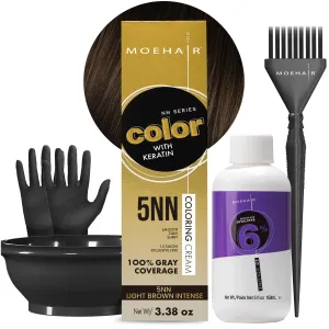 MOEHAIR Hair Coloring Kit | 5NN Permanent Hair Color (Light Brown Intense), 20 Volume Developer 6%, Coloring Brush, Gloves & Mixing Bowl | Keratin Infused Color | Gray Coverage | Adds Shines