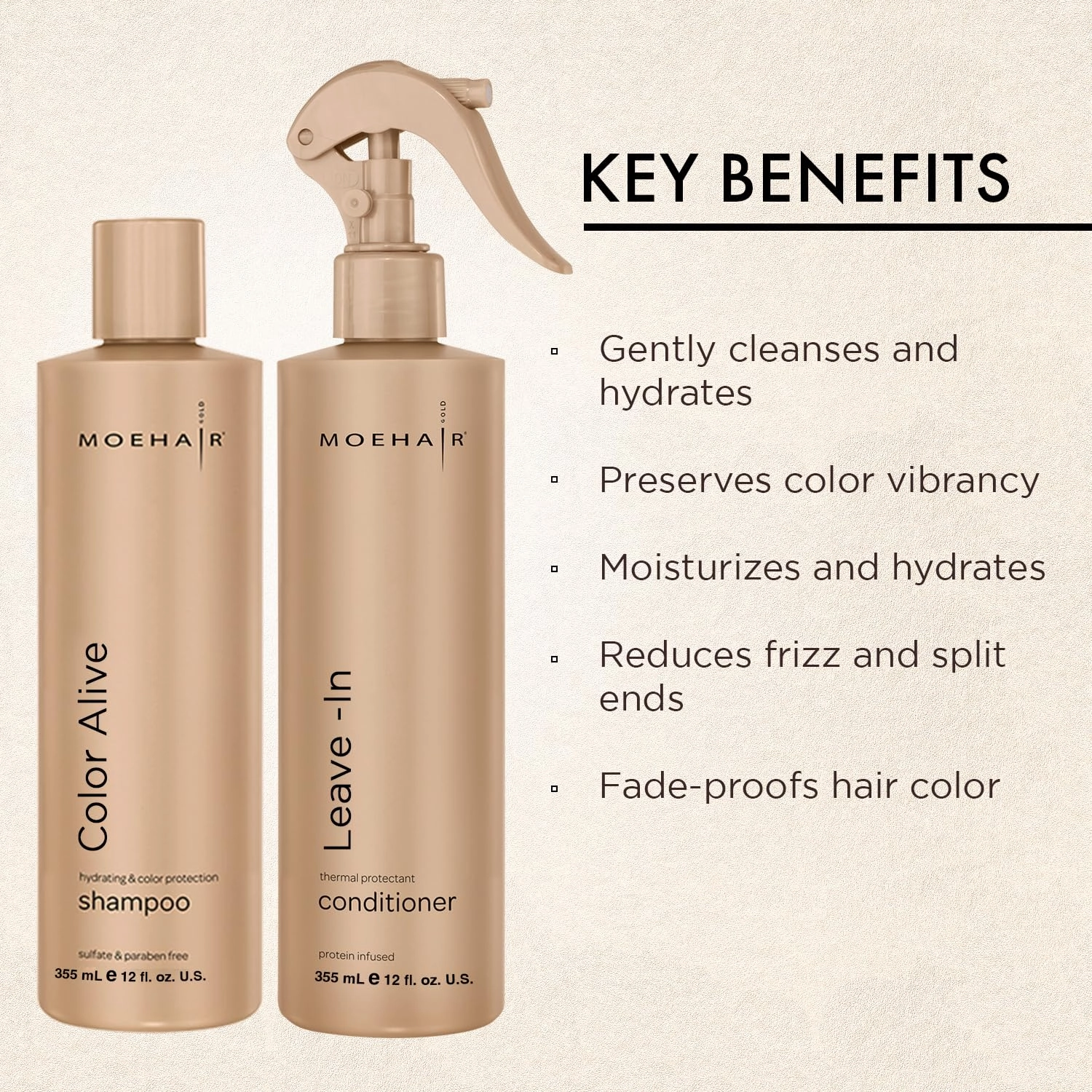 MOEHAIR Combo Pack of Color Alive Shampoo and Leave in Conditioner (12 Fl Oz) | Color Protecting Shampoo and Detangler Spray Hair Care | Moisturizes and Conditions | Fade-free and Long Lasting Shine