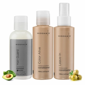 MOEHAIR Travel Kit: Hair Guard Shampoo, Color Alive Conditioner, and Leave-in Conditioner (3 x 3.4 Fl Oz)