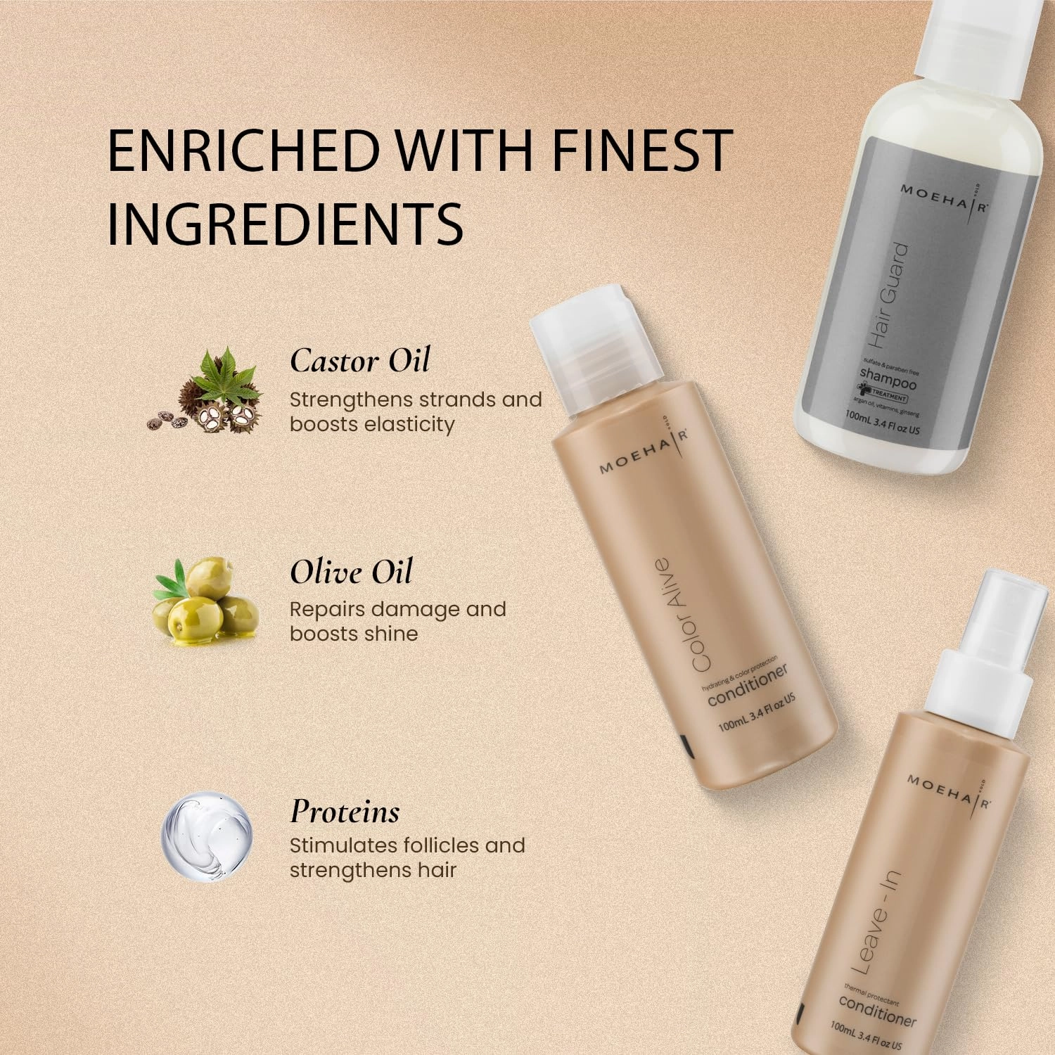 MOEHAIR Travel Kit: Hair Guard Shampoo, Color Alive Conditioner, and Leave-in Conditioner (3 x 3.4 Fl Oz)