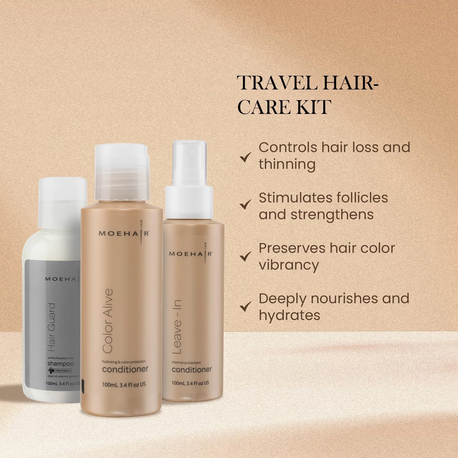 MOEHAIR Travel Kit: Hair Guard Shampoo, Color Alive Conditioner, and Leave-in Conditioner (3 x 3.4 Fl Oz)