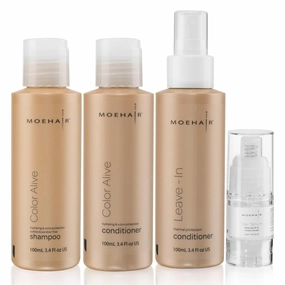 Moehair Travel Size Toiletries (Color Alive Shampoo, Conditioner, Leave-In Conditioner & Hair Serum) | Color-Safe I Travel shampoo and conditioner set | Sulfate and Paraben-Free Formulation