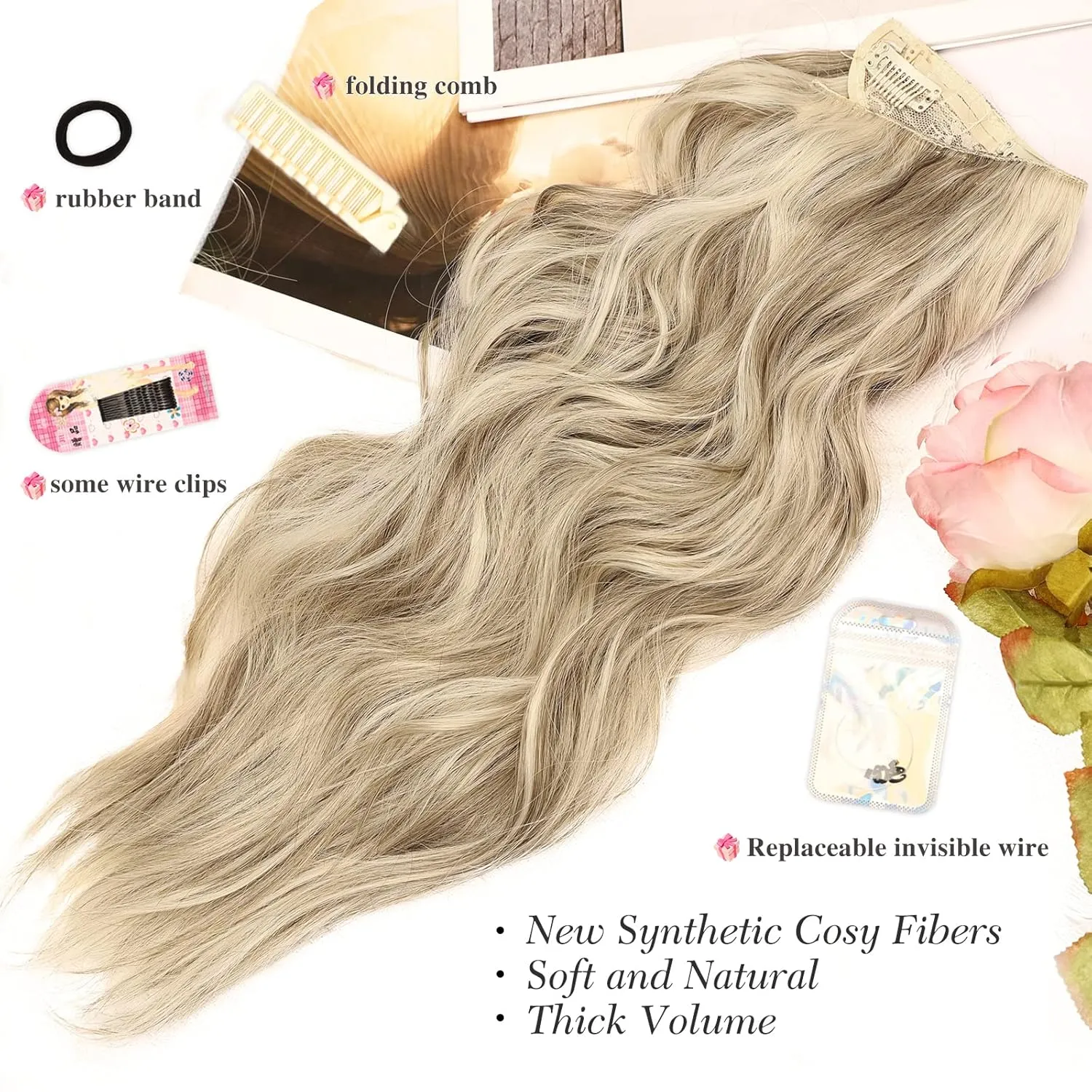 MORICA Halo Hair Extensions, 20 Inch Invisible Wire Hair Extensions Long Wavy Synthetic Hairpiece with Transparent Wire Adjustable Size, 4 Secure Clips for Women (Ash Blonde Mixed Light Blonde,20Inch)