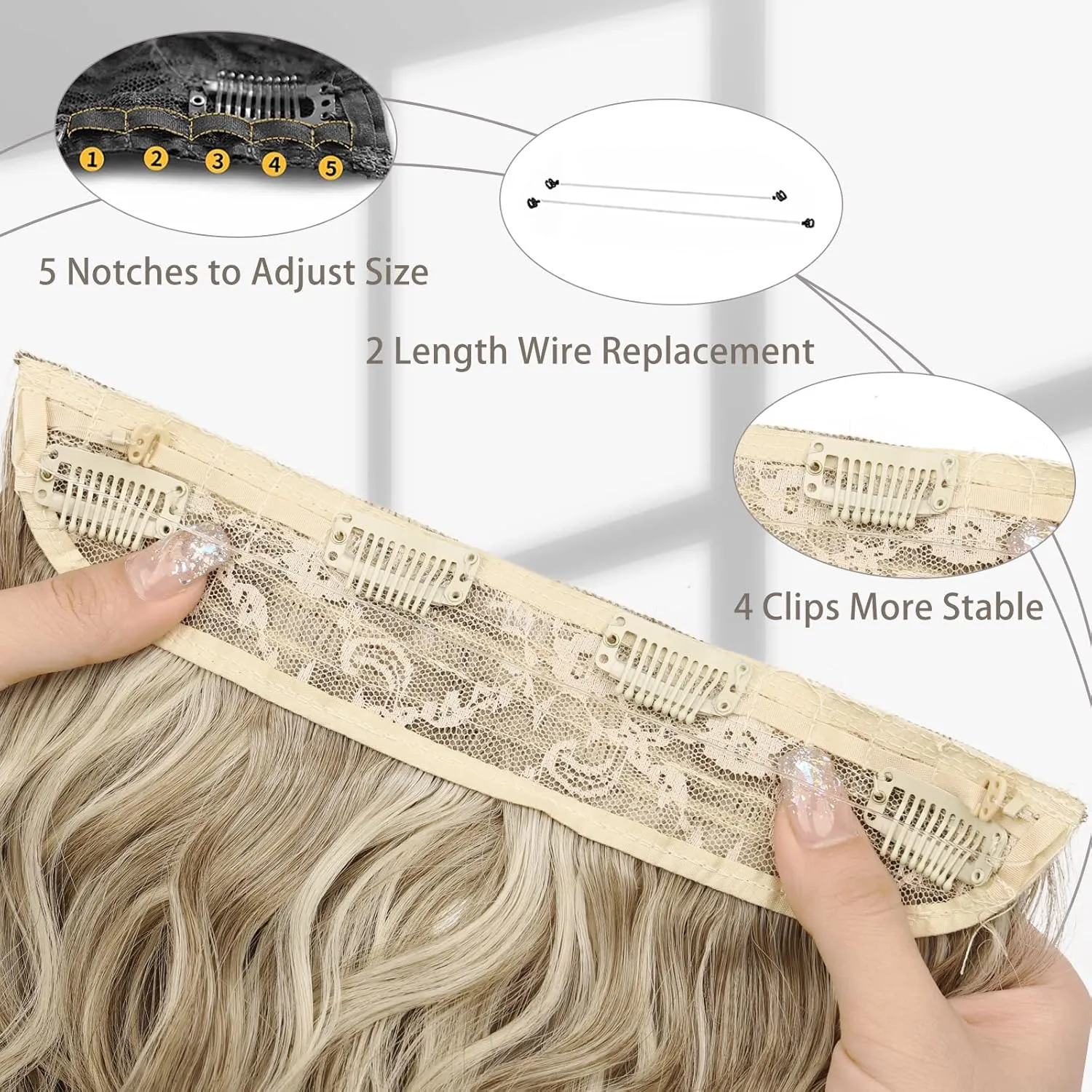 MORICA Halo Hair Extensions, 20 Inch Invisible Wire Hair Extensions Long Wavy Synthetic Hairpiece with Transparent Wire Adjustable Size, 4 Secure Clips for Women (Ash Blonde Mixed Light Blonde,20Inch)