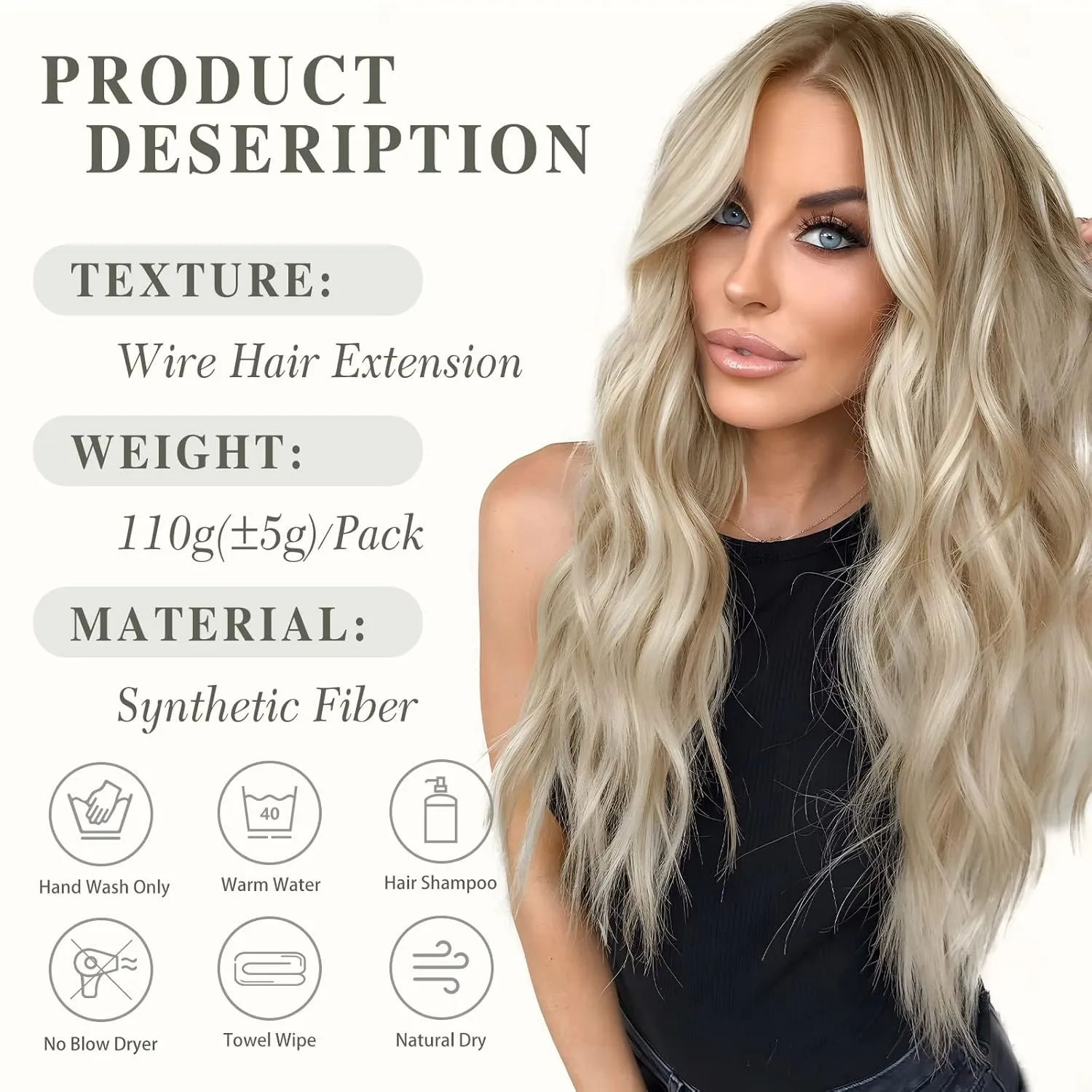 MORICA Halo Hair Extensions, 20 Inch Invisible Wire Hair Extensions Long Wavy Synthetic Hairpiece with Transparent Wire Adjustable Size, 4 Secure Clips for Women (Ash Blonde Mixed Light Blonde,20Inch)