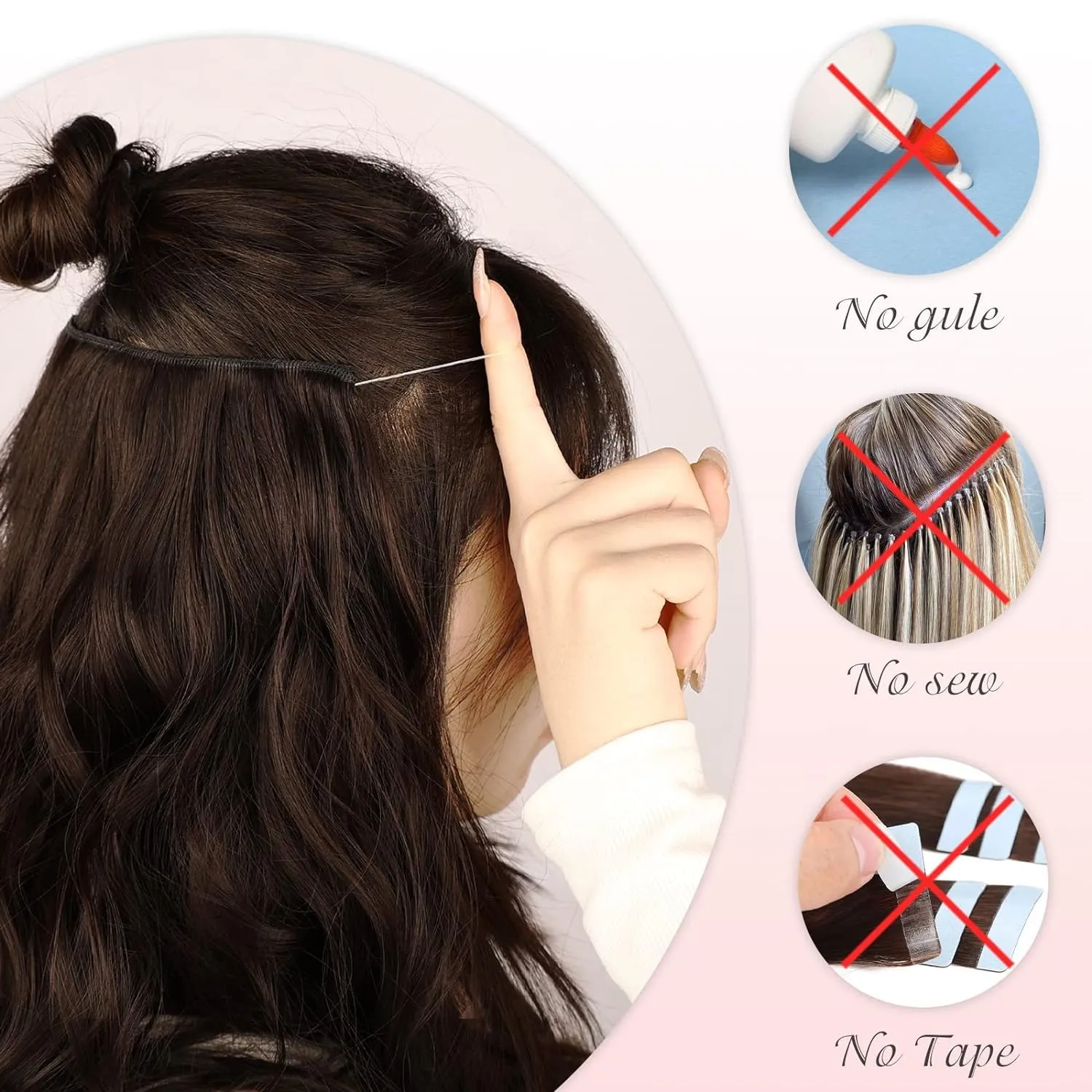 MORICA Invisible Wire Hair Extensions - 14 Inch Brown Black Long Wavy Synthetic Hairpiece with Transparent Wire Adjustable Size, 4 Secure Clips for Women(Brown Black,14Inch)