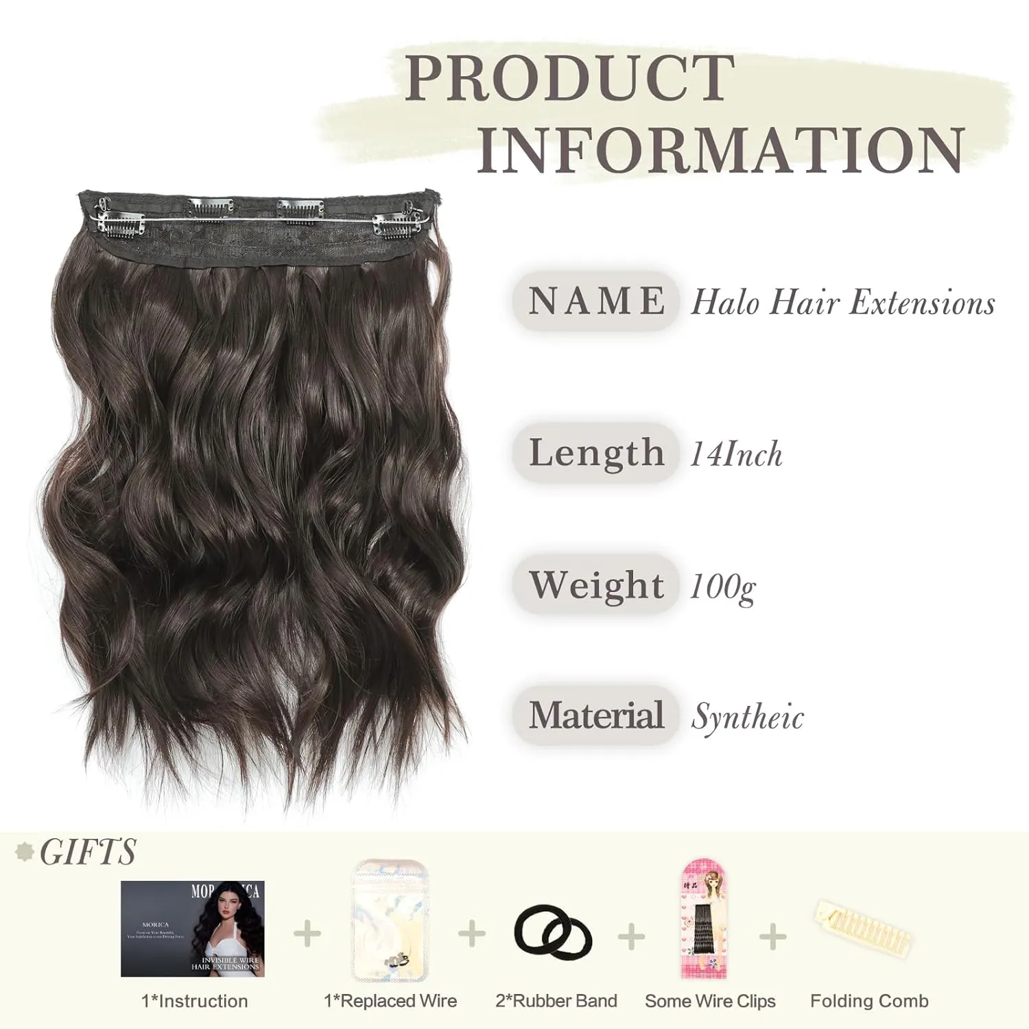 MORICA Invisible Wire Hair Extensions - 14 Inch Brown Black Long Wavy Synthetic Hairpiece with Transparent Wire Adjustable Size, 4 Secure Clips for Women(Brown Black,14Inch)