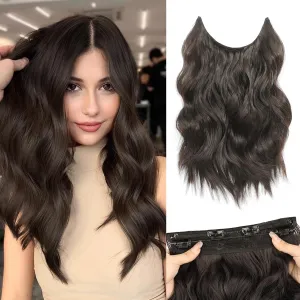 MORICA Invisible Wire Hair Extensions - 14 Inch Brown Black Long Wavy Synthetic Hairpiece with Transparent Wire Adjustable Size, 4 Secure Clips for Women(Brown Black,14Inch)