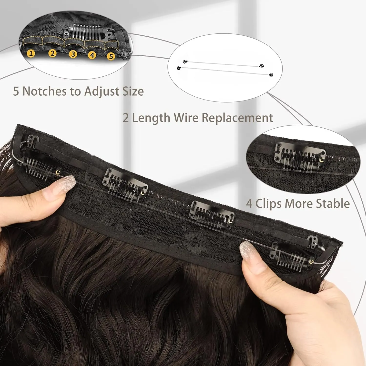MORICA Invisible Wire Hair Extensions - 14 Inch Brown Black Long Wavy Synthetic Hairpiece with Transparent Wire Adjustable Size, 4 Secure Clips for Women(Brown Black,14Inch)