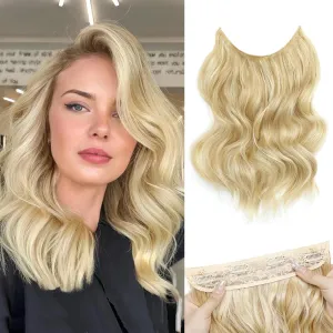 MORICA Invisible Wire Hair Extensions - 14 Inch Hair Extensions Halo Long Wavy Synthetic Hairpiece with Transparent Wire Adjustable Size, 4 Secure Clips for Women(Ash Blonde Mix Bleach Blonde,14Inch)
