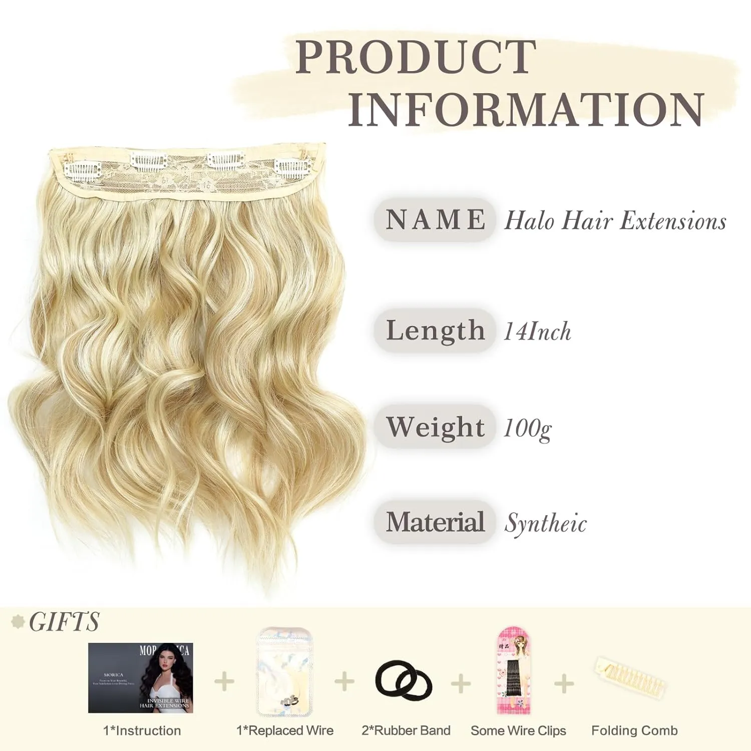 MORICA Invisible Wire Hair Extensions - 14 Inch Hair Extensions Halo Long Wavy Synthetic Hairpiece with Transparent Wire Adjustable Size, 4 Secure Clips for Women(Ash Blonde Mix Bleach Blonde,14Inch)