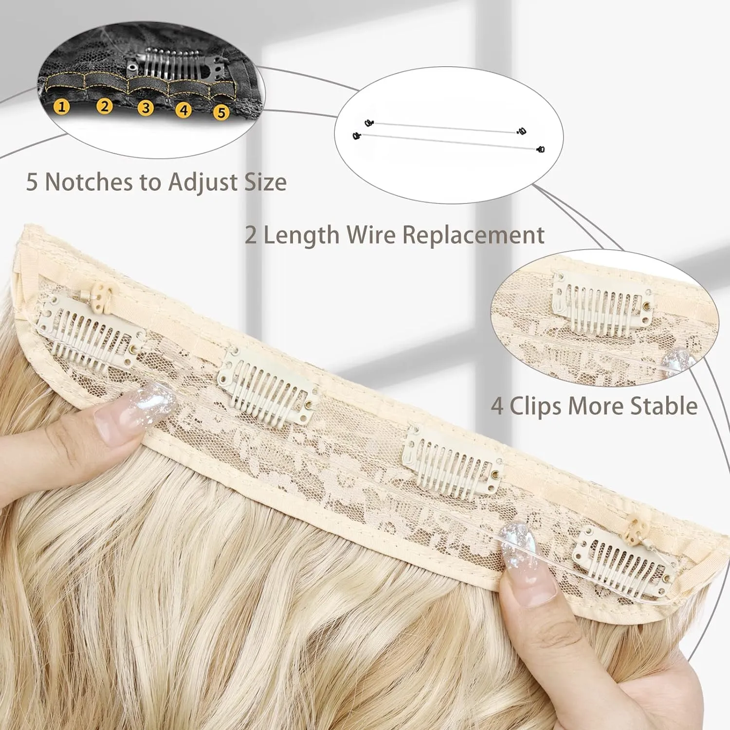 MORICA Invisible Wire Hair Extensions - 14 Inch Hair Extensions Halo Long Wavy Synthetic Hairpiece with Transparent Wire Adjustable Size, 4 Secure Clips for Women(Ash Blonde Mix Bleach Blonde,14Inch)