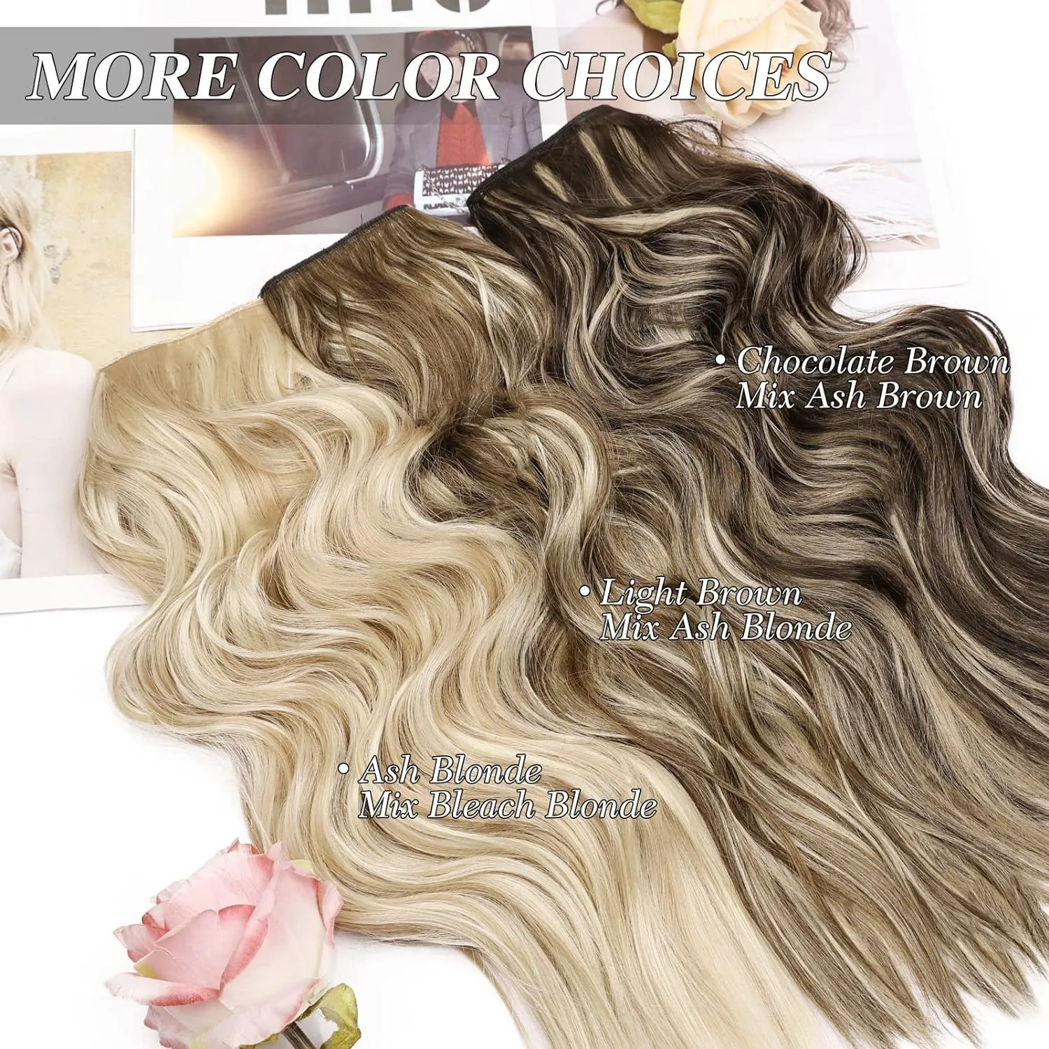 MORICA Invisible Wire Hair Extensions - 14 Inch Hair Extensions Halo Long Wavy Synthetic Hairpiece with Transparent Wire Adjustable Size, 4 Secure Clips for Women(Ash Blonde Mix Bleach Blonde,14Inch)