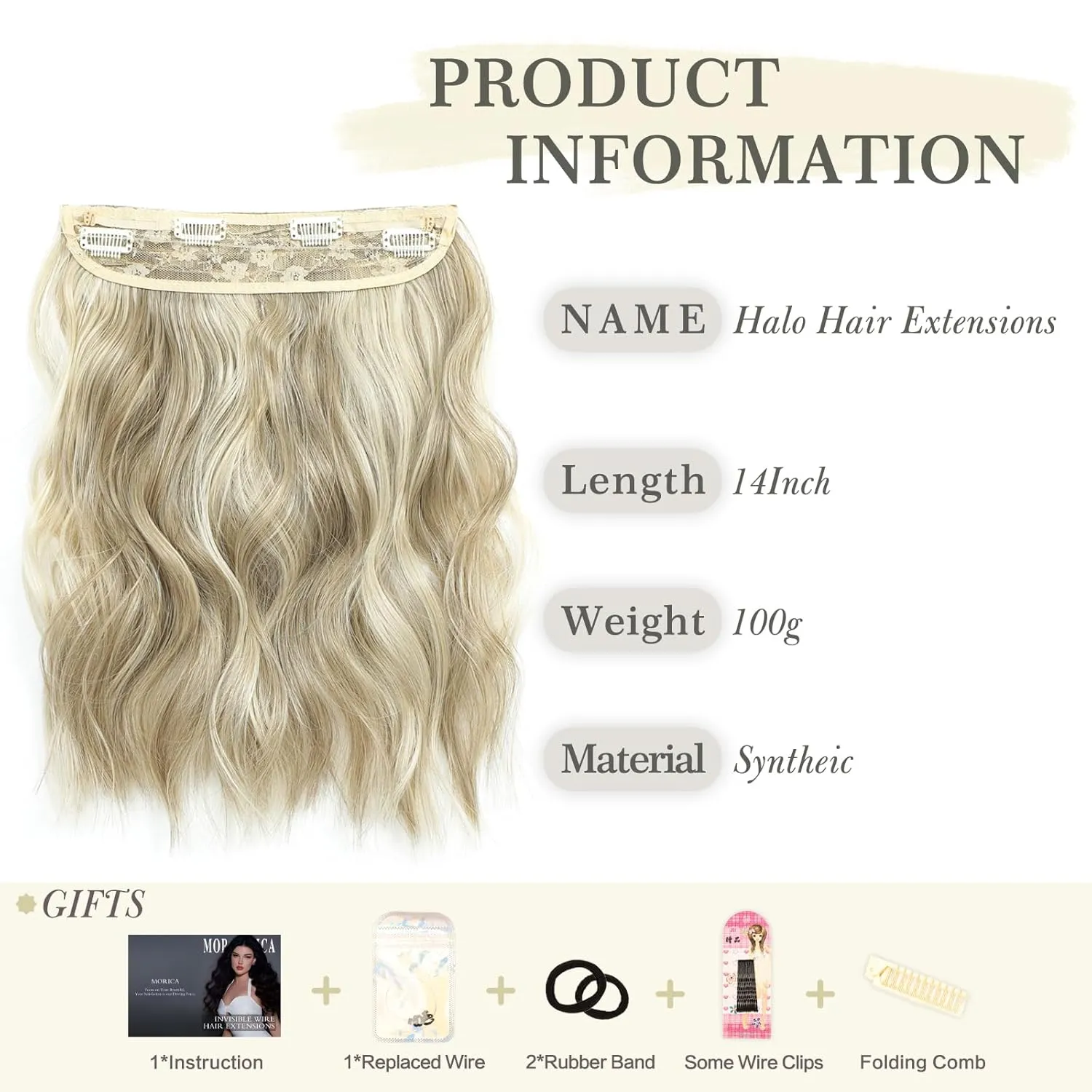 MORICA Invisible Wire Hair Extensions - 14 Inch Halo Hair Extension Long Wavy Synthetic Hairpiece with Transparent Wire Adjustable Size, 4 Secure Clips for Women (Ash Blonde Mixed Light Blonde,14Inch)