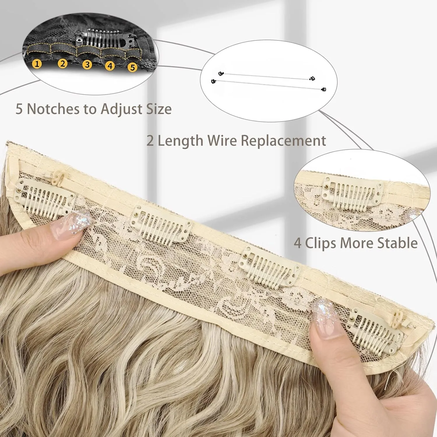 MORICA Invisible Wire Hair Extensions - 14 Inch Halo Hair Extension Long Wavy Synthetic Hairpiece with Transparent Wire Adjustable Size, 4 Secure Clips for Women (Ash Blonde Mixed Light Blonde,14Inch)