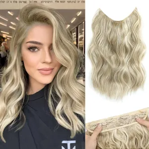 MORICA Invisible Wire Hair Extensions - 14 Inch Halo Hair Extension Long Wavy Synthetic Hairpiece with Transparent Wire Adjustable Size, 4 Secure Clips for Women (Ash Blonde Mixed Light Blonde,14Inch)