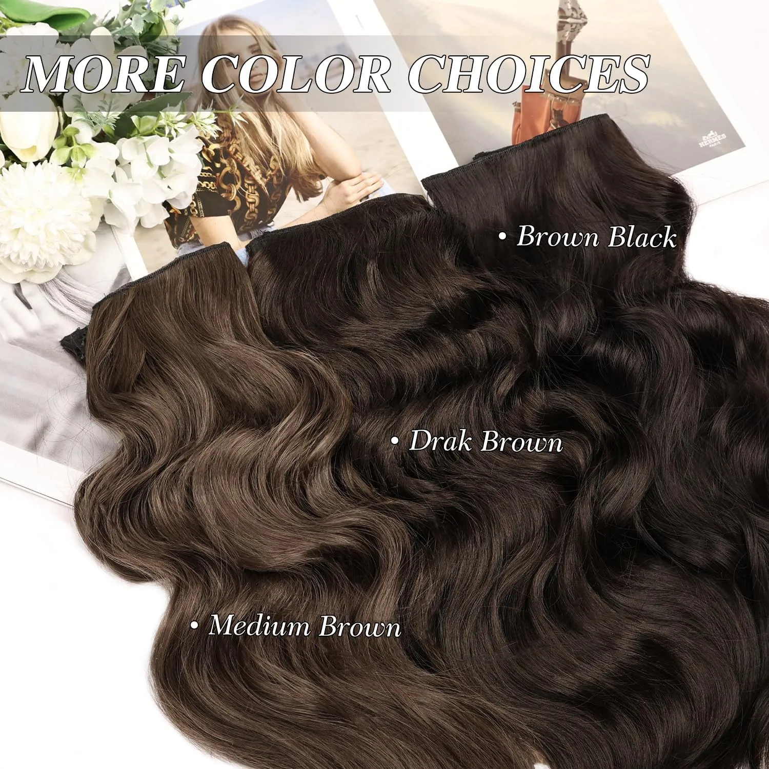 MORICA Invisible Wire Hair Extensions - 20 Inch Dark Brown Long Wavy Synthetic Hairpiece with Transparent Wire Adjustable Size, 4 Secure Clips for Women