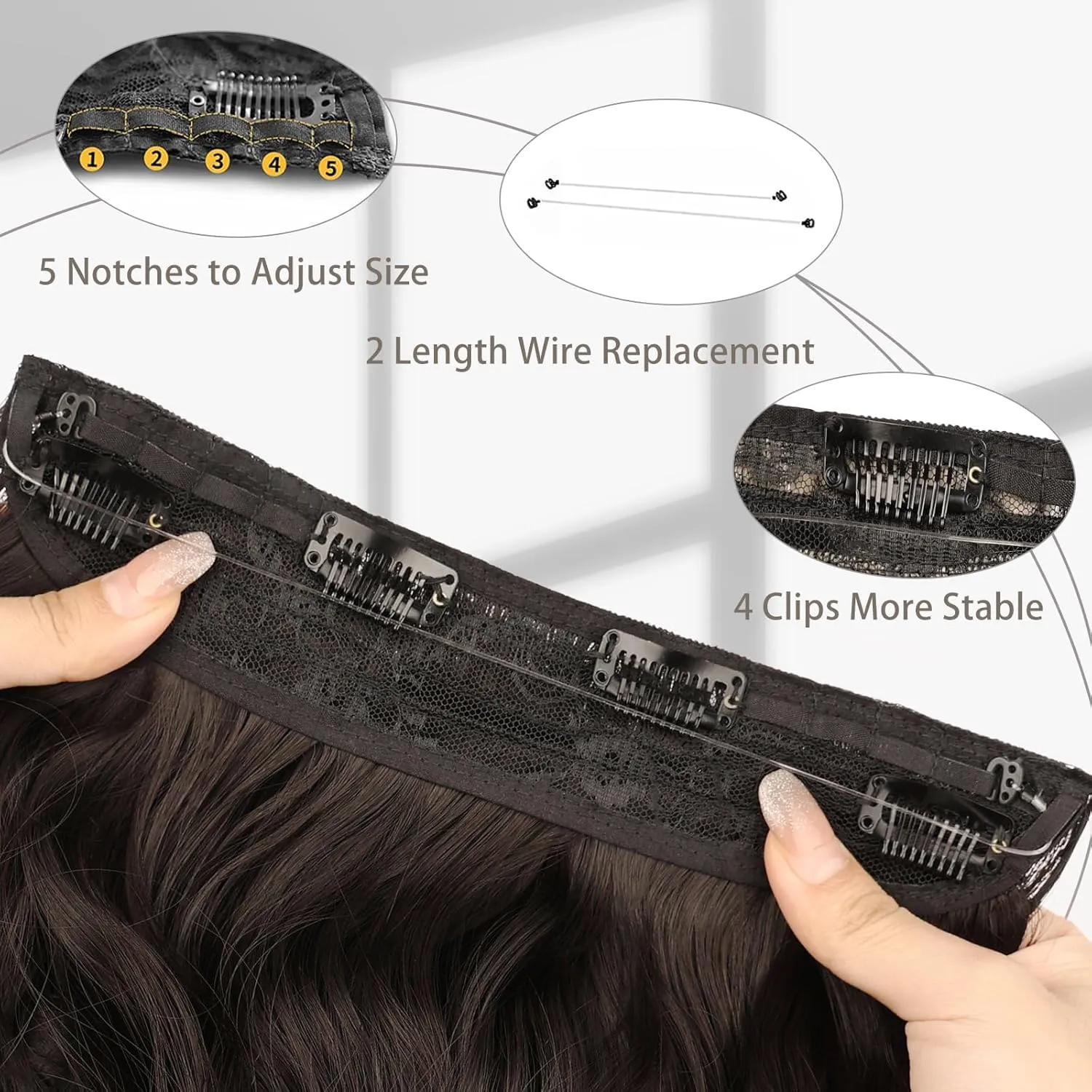 MORICA Invisible Wire Hair Extensions - 20 Inch Dark Brown Long Wavy Synthetic Hairpiece with Transparent Wire Adjustable Size, 4 Secure Clips for Women