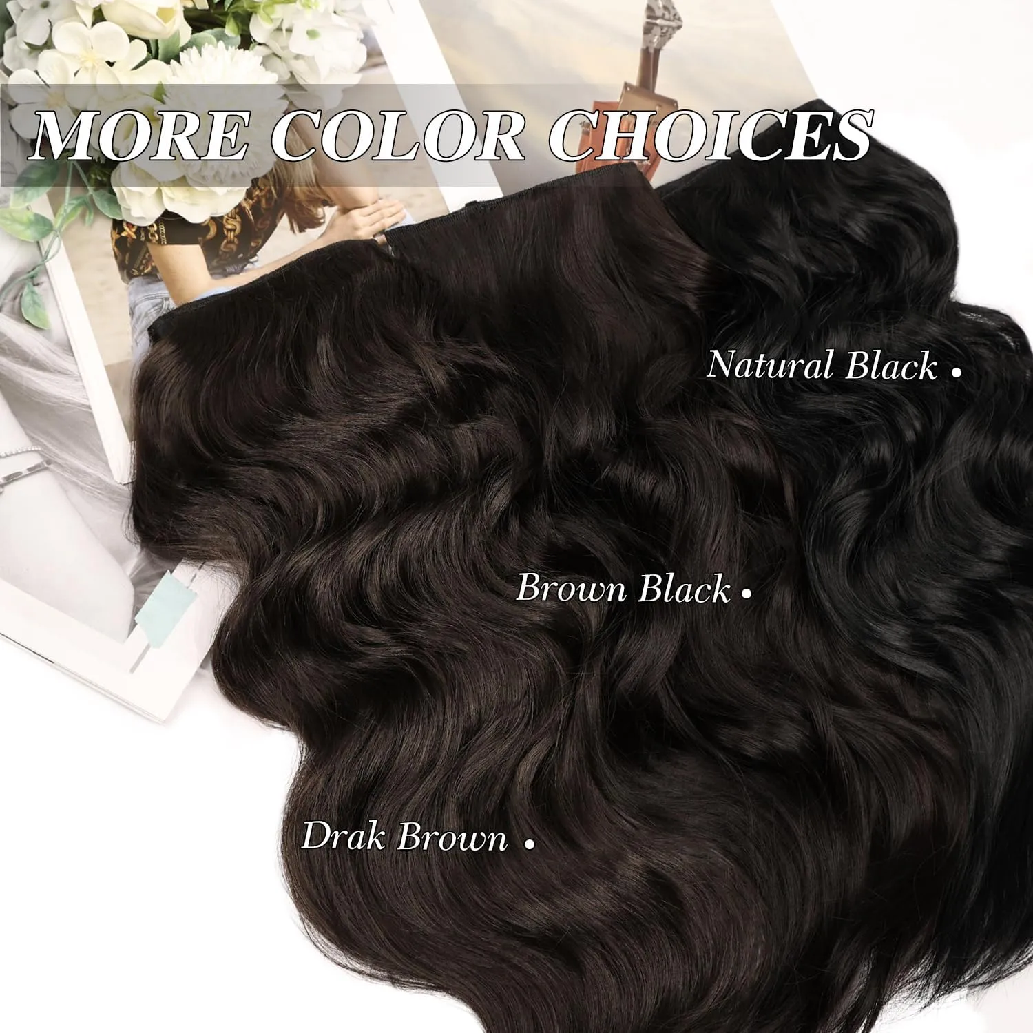 MORICA Invisible Wire Hair Extensions - 20 Inch Dark Brown Long Wavy Synthetic Hairpiece with Transparent Wire Adjustable Size, 4 Secure Clips for Women