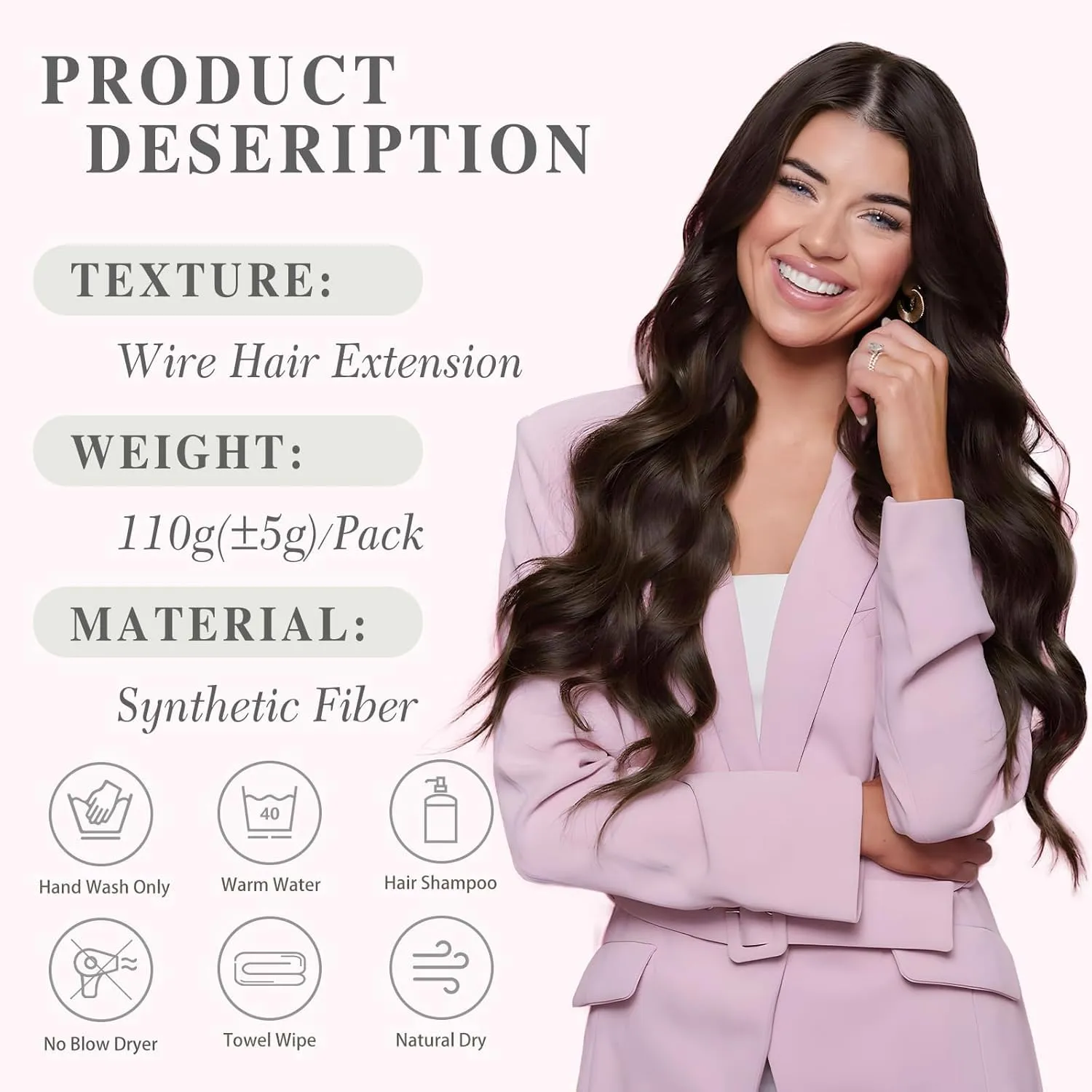 MORICA Invisible Wire Hair Extensions - 20 Inch Dark Brown Long Wavy Synthetic Hairpiece with Transparent Wire Adjustable Size, 4 Secure Clips for Women