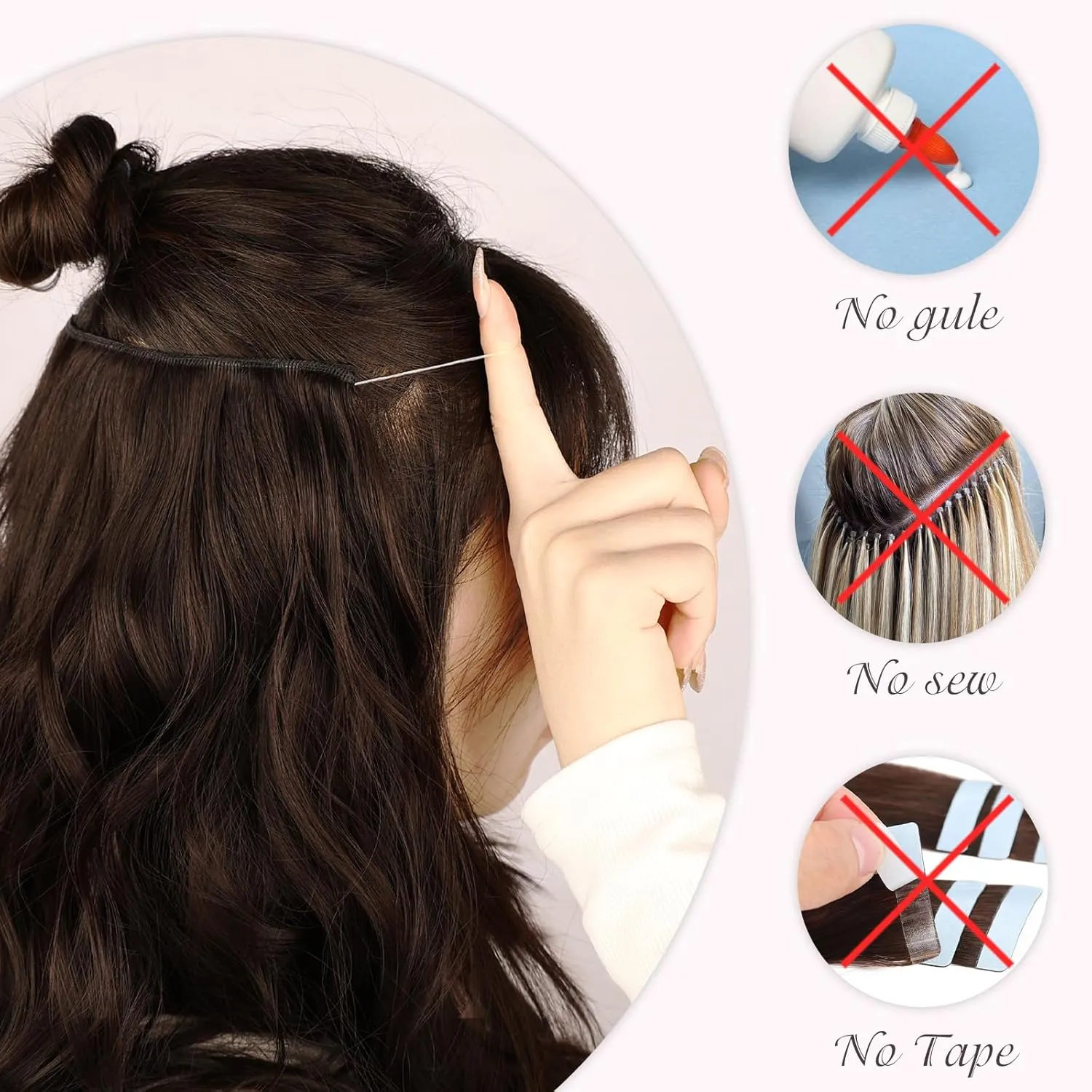 MORICA Invisible Wire Hair Extensions - 20 Inch Dark Brown Long Wavy Synthetic Hairpiece with Transparent Wire Adjustable Size, 4 Secure Clips for Women
