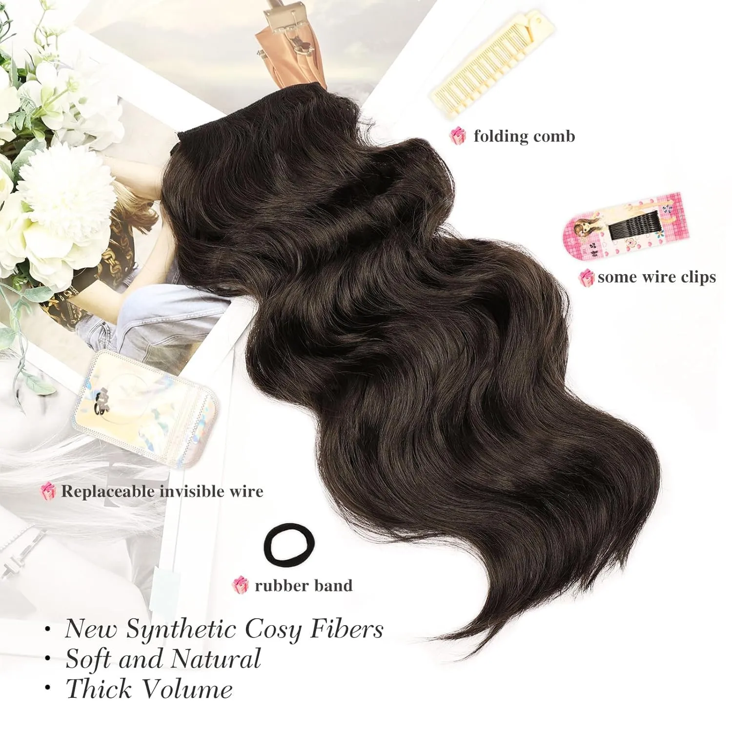 MORICA Invisible Wire Hair Extensions - 20 Inch Dark Brown Long Wavy Synthetic Hairpiece with Transparent Wire Adjustable Size, 4 Secure Clips for Women