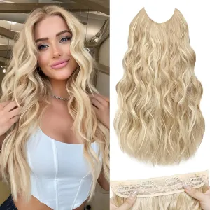MORICA Invisible Wire Hair Extensions - 20 Inch Hair Extensions Halo Ash Blonde Mix Bleach Blonde Long Wavy Synthetic Hairpiece with Transparent Wire Adjustable Size, 4 Secure Clips for Women