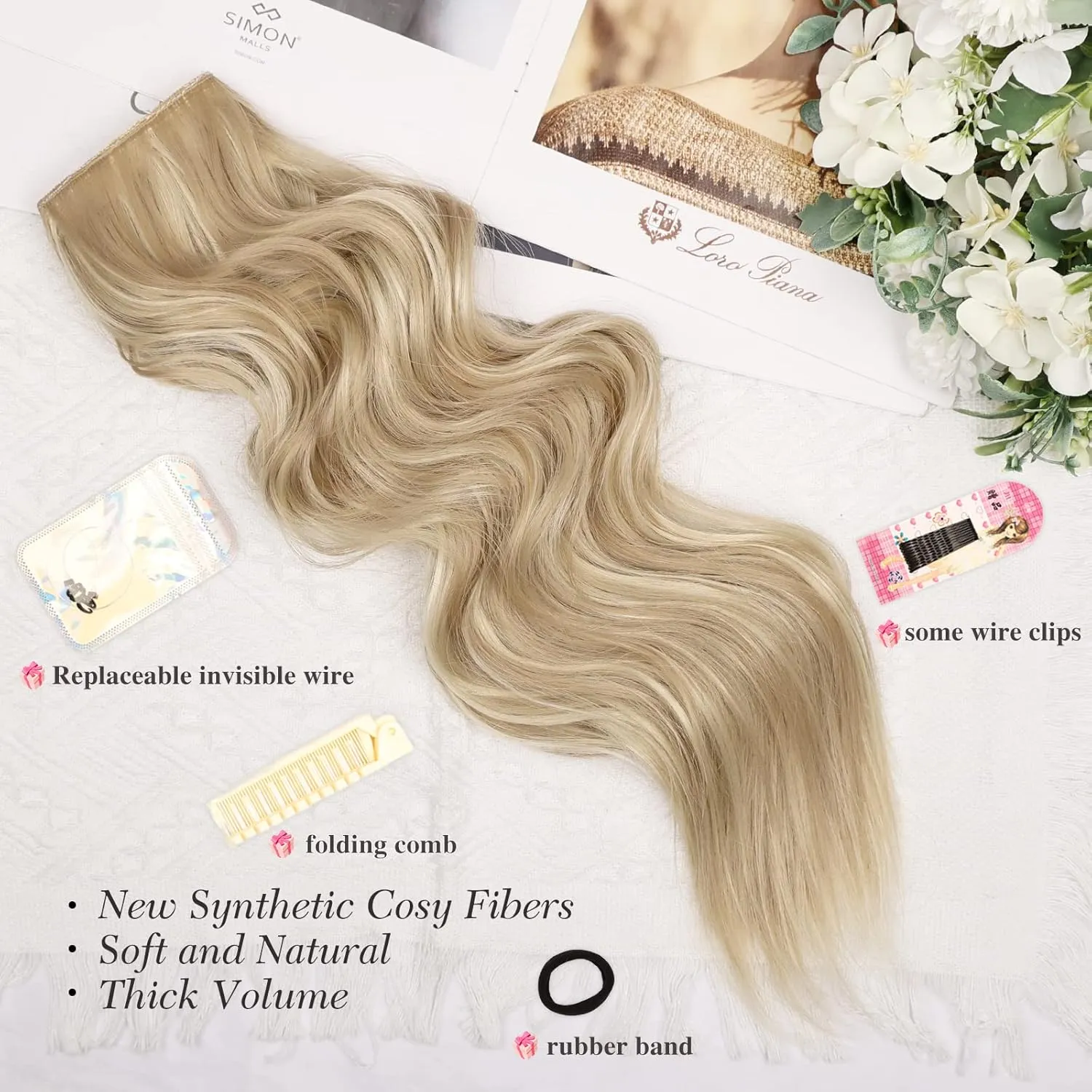 MORICA Invisible Wire Hair Extensions - 20 Inch Hair Extensions Halo Ash Blonde Mix Bleach Blonde Long Wavy Synthetic Hairpiece with Transparent Wire Adjustable Size, 4 Secure Clips for Women