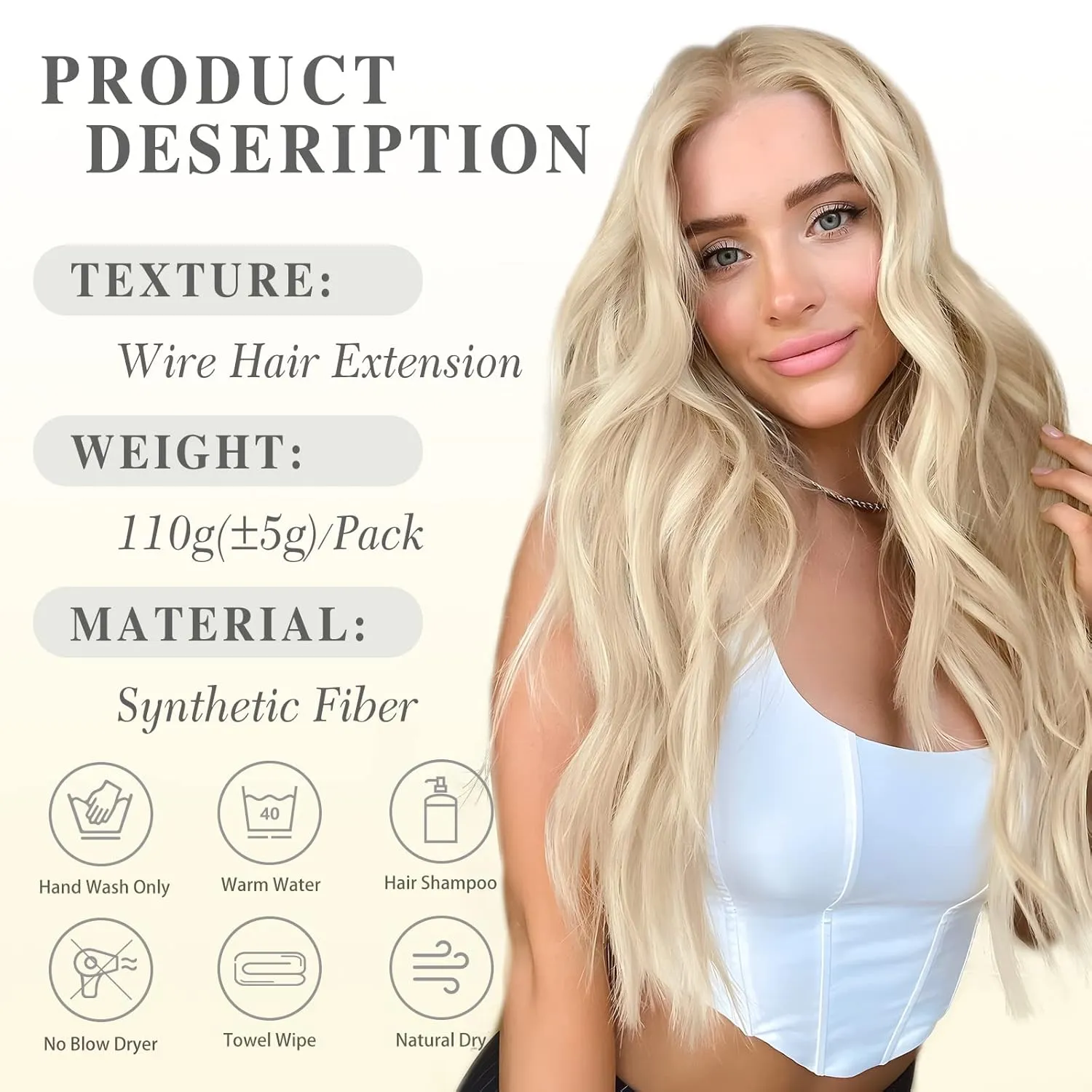 MORICA Invisible Wire Hair Extensions - 20 Inch Hair Extensions Halo Ash Blonde Mix Bleach Blonde Long Wavy Synthetic Hairpiece with Transparent Wire Adjustable Size, 4 Secure Clips for Women
