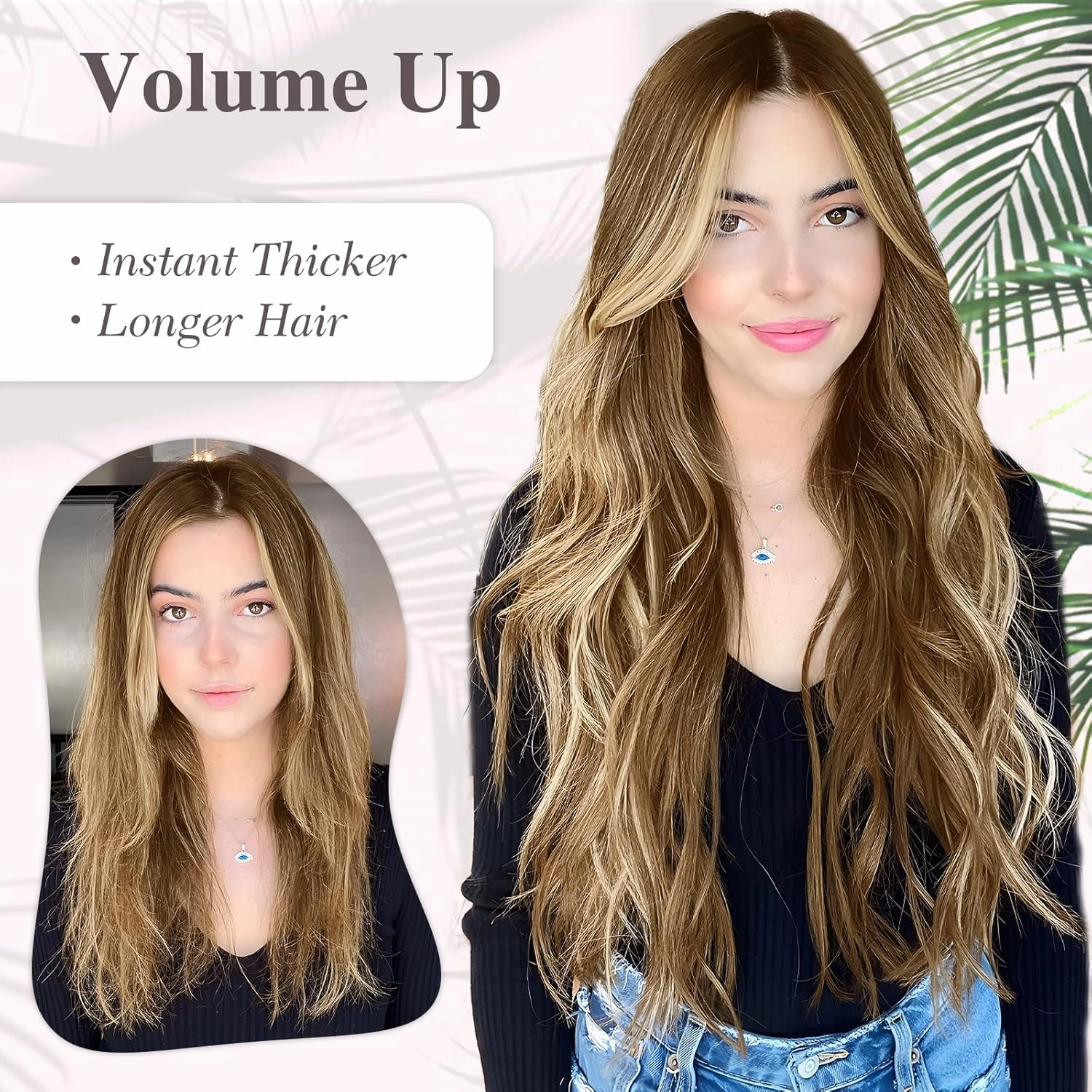 MORICA Invisible Wire Hair Extensions - 20 Inch Brown Mixed Blonde Long Wavy Synthetic Hairpiece with Transparent Wire Adjustable Size, 4 Secure Clips for Women