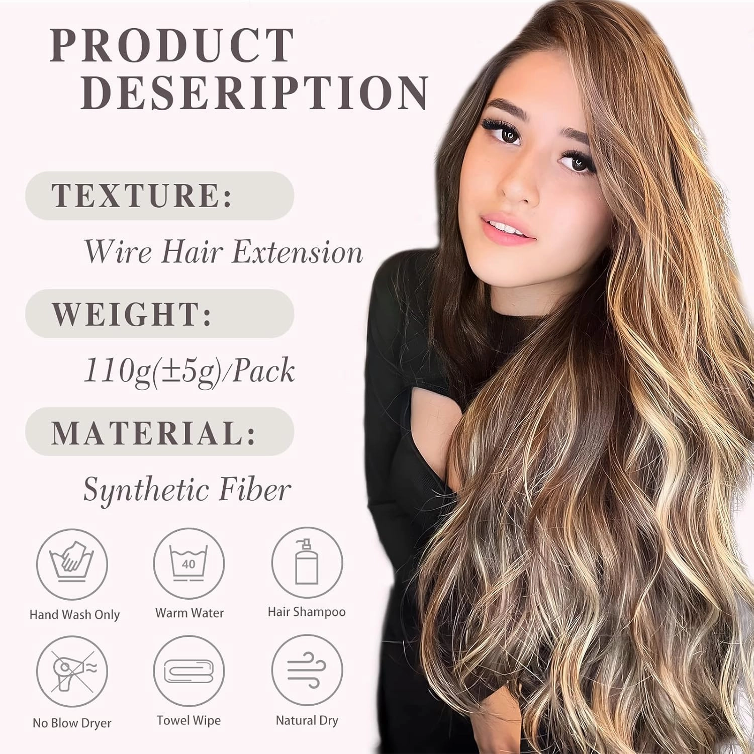 MORICA Invisible Wire Hair Extensions - 20 Inch Brown Mixed Blonde Long Wavy Synthetic Hairpiece with Transparent Wire Adjustable Size, 4 Secure Clips for Women