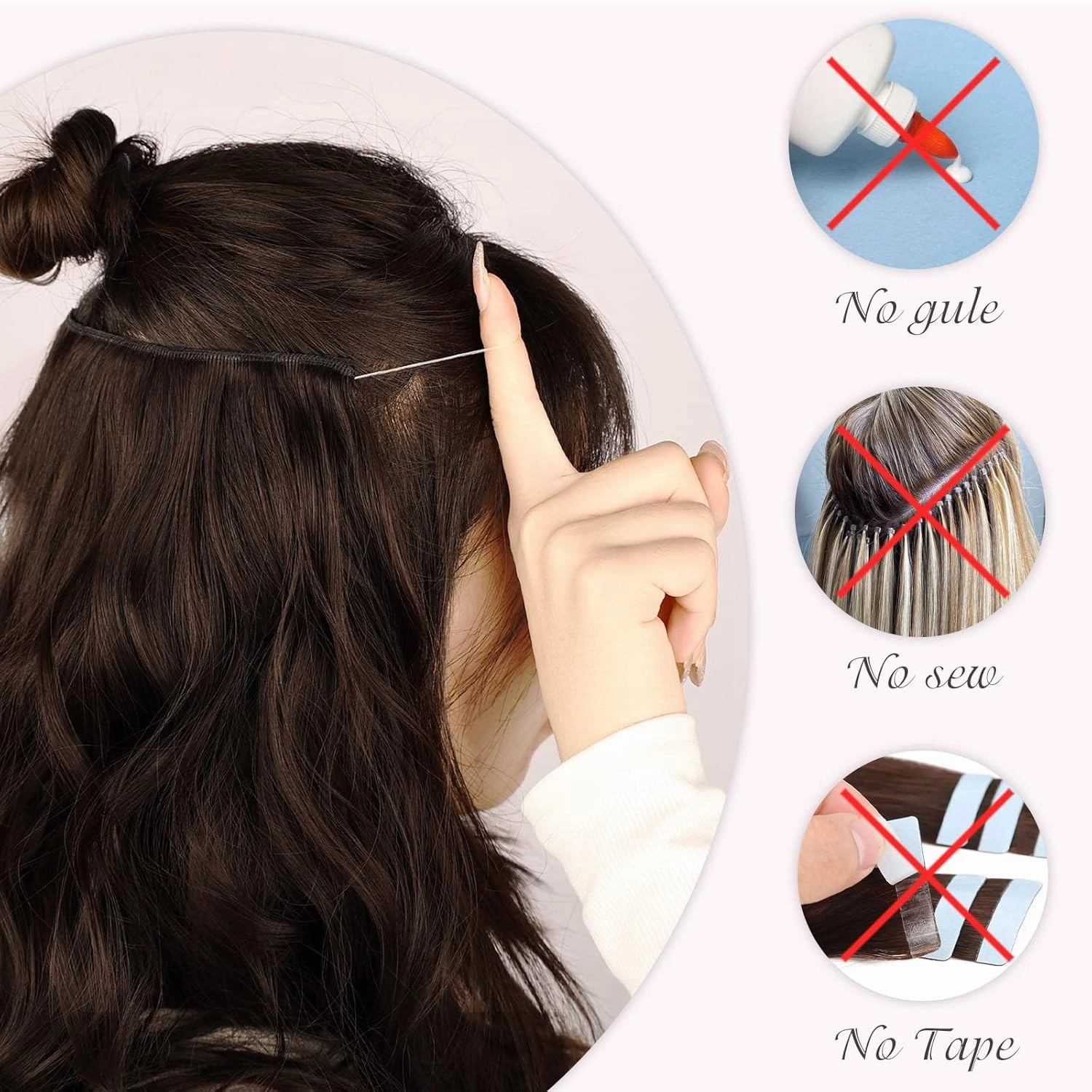 MORICA Invisible Wire Hair Extensions - 20 Inch Brown Mixed Blonde Long Wavy Synthetic Hairpiece with Transparent Wire Adjustable Size, 4 Secure Clips for Women