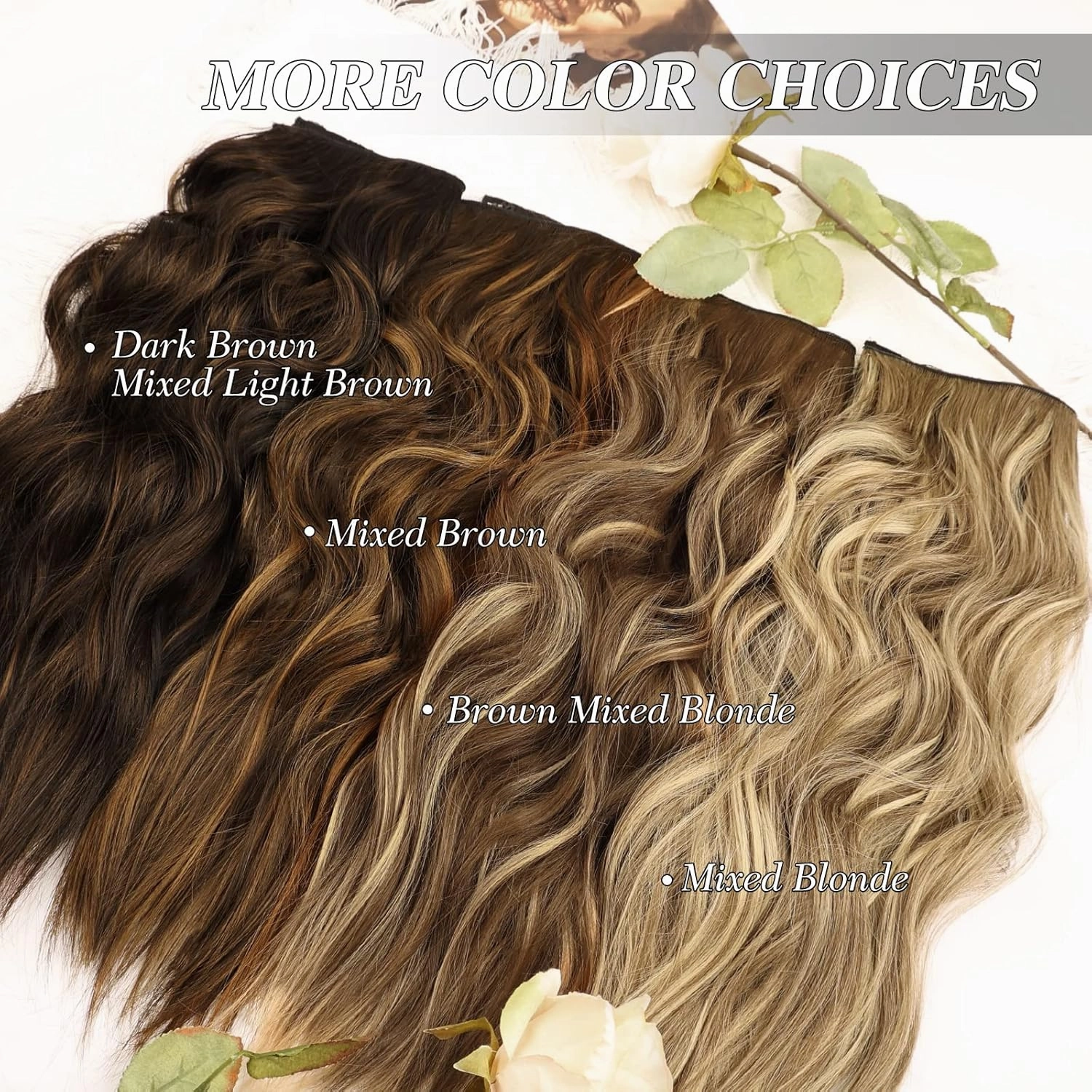 MORICA Invisible Wire Hair Extensions - 20 Inch Brown Mixed Blonde Long Wavy Synthetic Hairpiece with Transparent Wire Adjustable Size, 4 Secure Clips for Women