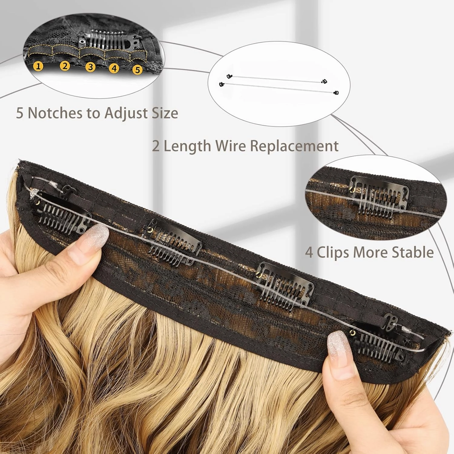 MORICA Invisible Wire Hair Extensions - 20 Inch Brown Mixed Blonde Long Wavy Synthetic Hairpiece with Transparent Wire Adjustable Size, 4 Secure Clips for Women