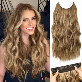 MORICA Invisible Wire Hair Extensions - 20 Inch Brown Mixed Blonde Long Wavy Synthetic Hairpiece with Transparent Wire Adjustable Size, 4 Secure Clips for Women