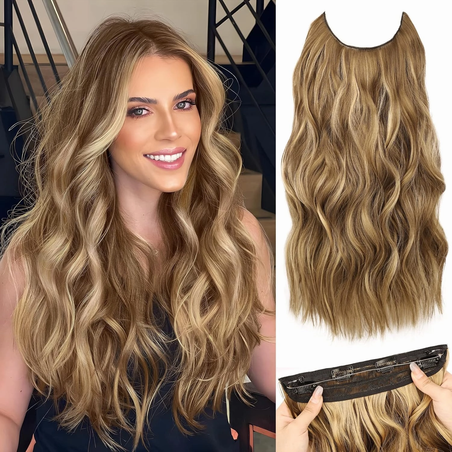 MORICA Invisible Wire Hair Extensions - 20 Inch Brown Mixed Blonde Long Wavy Synthetic Hairpiece with Transparent Wire Adjustable Size, 4 Secure Clips for Women