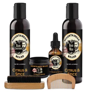 Mountaineer Brand Starter Beard Bundle | Beard Wash, Conditioner, Beard Balm, Beard Oil for Men with Wood Comb & Brush | Hydrates Beards for Soft Manageable Hair | Citrus & Spice Scent