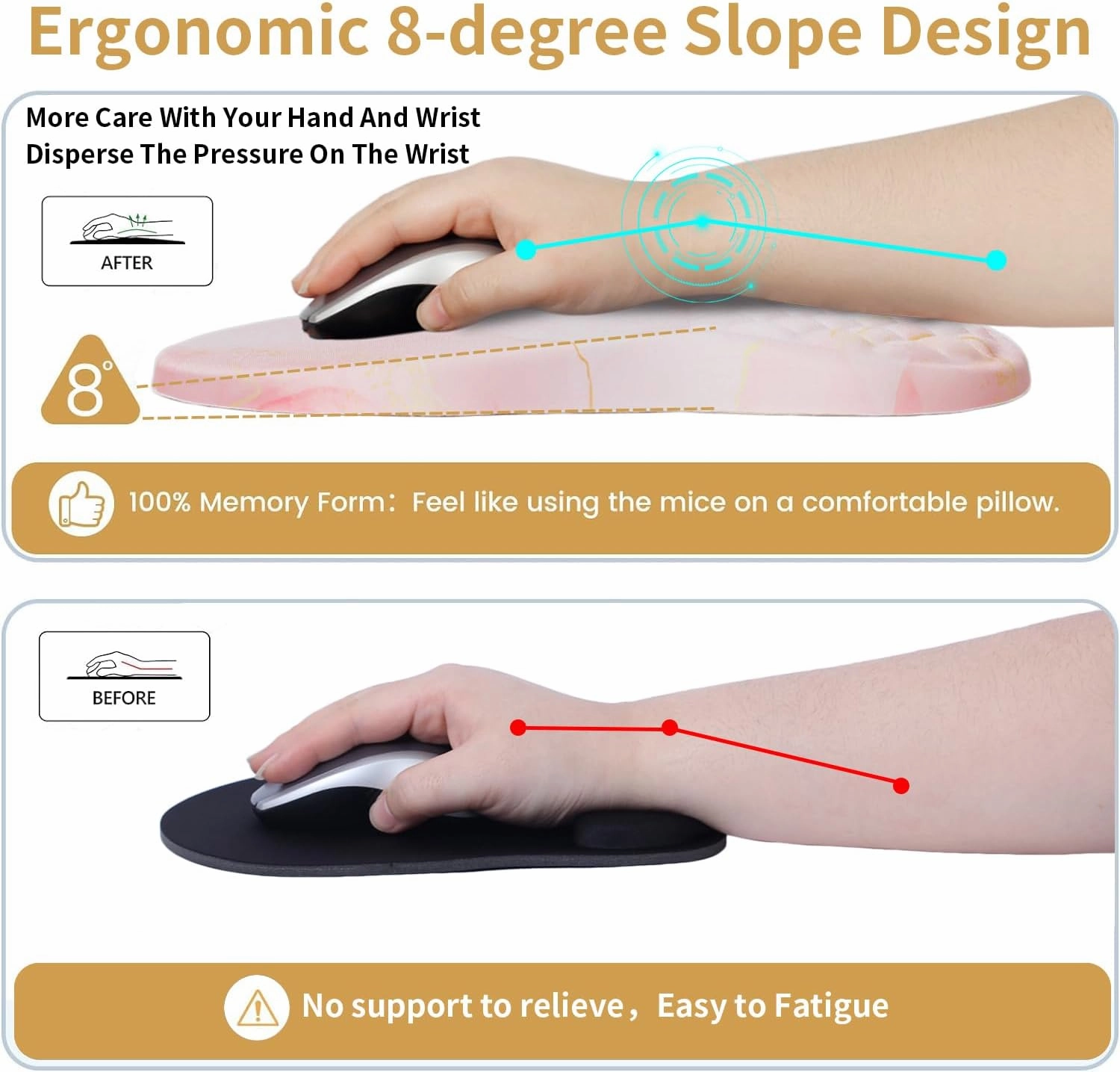 Mouse Pad Wrist Support,Ergonomic Mouse Pad with Wrist Rest,Computer Mouse Pads Pain Relief Keyboard Wrist Rest with Coaster,Non-Slip Computer Gel Mouse Pad for Laptop Keyboard Office-Pink Marble