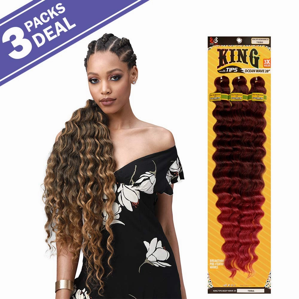 MULTI PACK DEALS! Bobbi Boss Synthetic Hair Braids Pre-Feathered 3X King Tips Ocean Wave 28" (3-PACK, T4/30)