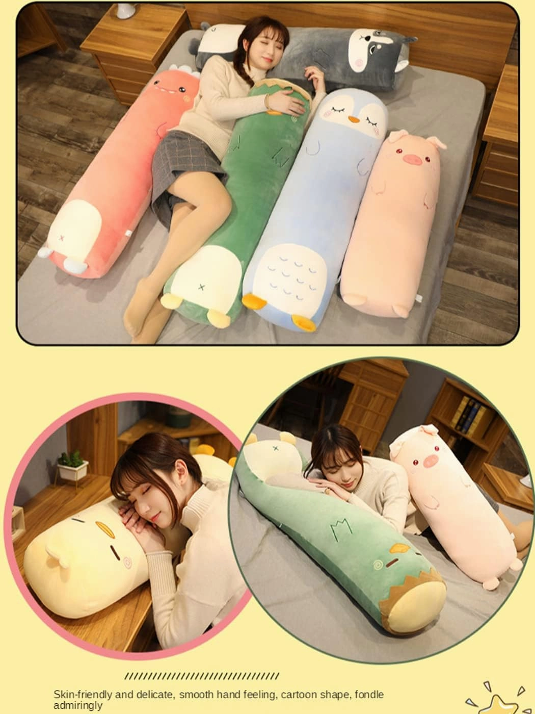 MUPI Long Plush Cute Body Pillow for Bed - Big Cuddle Pillow, Animal Shaped Pink Pig 33 Inch