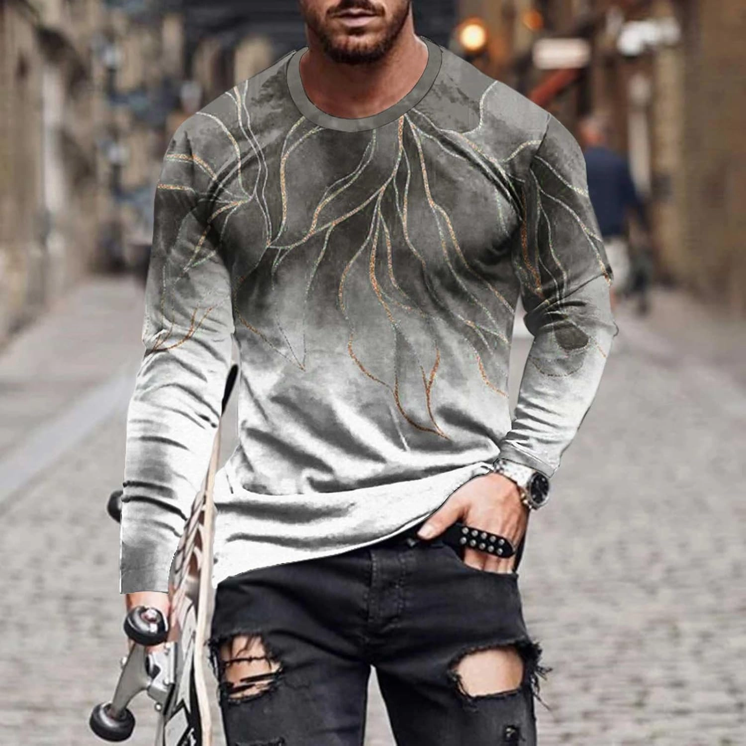 Muscularfit Long Sleeve Tee Shirts for Men Graphic Marble Print Casual Pullover Big and Tall Crewneck Sweatshirts Sports Tees