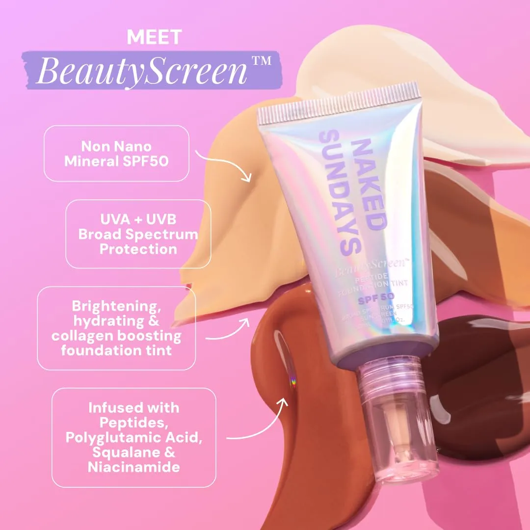 Naked Sundays BeautyScreen SPF 50 Mineral Peptide Foundation Tints, 2-in-1 SPF and Skin Tint, Radiant with Light buildable coverage, infused with Peptides, Acne-Safe (1 Fair Neutral, 1.01 oz)