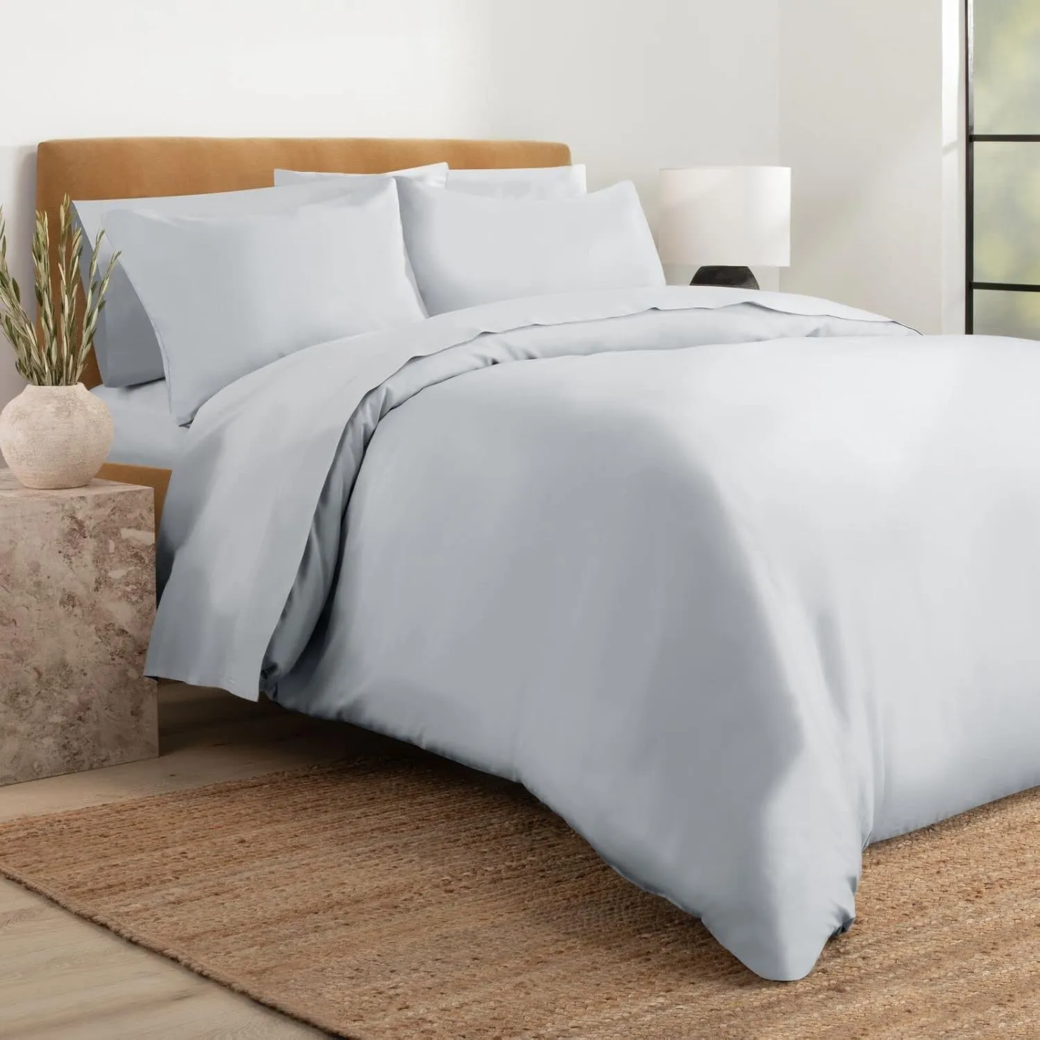 Nate Home by Nate Berkus 300TC 3-Piece Luxe Cotton Sateen Duvet Cover | Ultra Soft, Cool, Bedding Set from mDesign - Full/Queen Size - 1 Duvet Cover/2 Pillow Shams, Quartz (Light Gray)