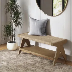 Nathan James Beacon Bohemian Bench Seat with Shoe Storage, Seagrass Entryway or End of Bed Bench with Solid Wood Frame, Brushed Light Brown