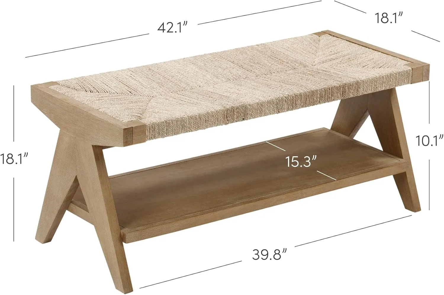 Nathan James Beacon Bohemian Bench Seat with Shoe Storage, Seagrass Entryway or End of Bed Bench with Solid Wood Frame, Brushed Light Brown