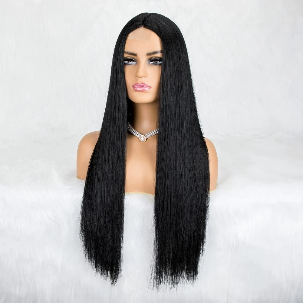 Natural Black Wig for Women Long Straight Wigs Middle Parting Lace Front Wig Silky Soft Smooth Remy Hair Synthetic Wigs Fashion Looking Full Wig Realistic Everyday Wig 26 Inch