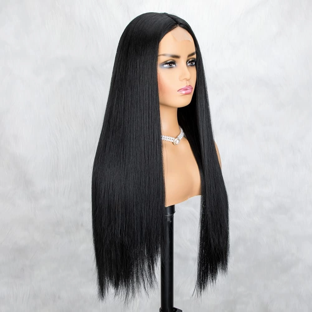 Natural Black Wig for Women Long Straight Wigs Middle Parting Lace Front Wig Silky Soft Smooth Remy Hair Synthetic Wigs Fashion Looking Full Wig Realistic Everyday Wig 26 Inch